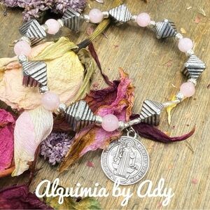 Rose quartz Silver maximalist charms bracelet big Saint Benedict medal charm